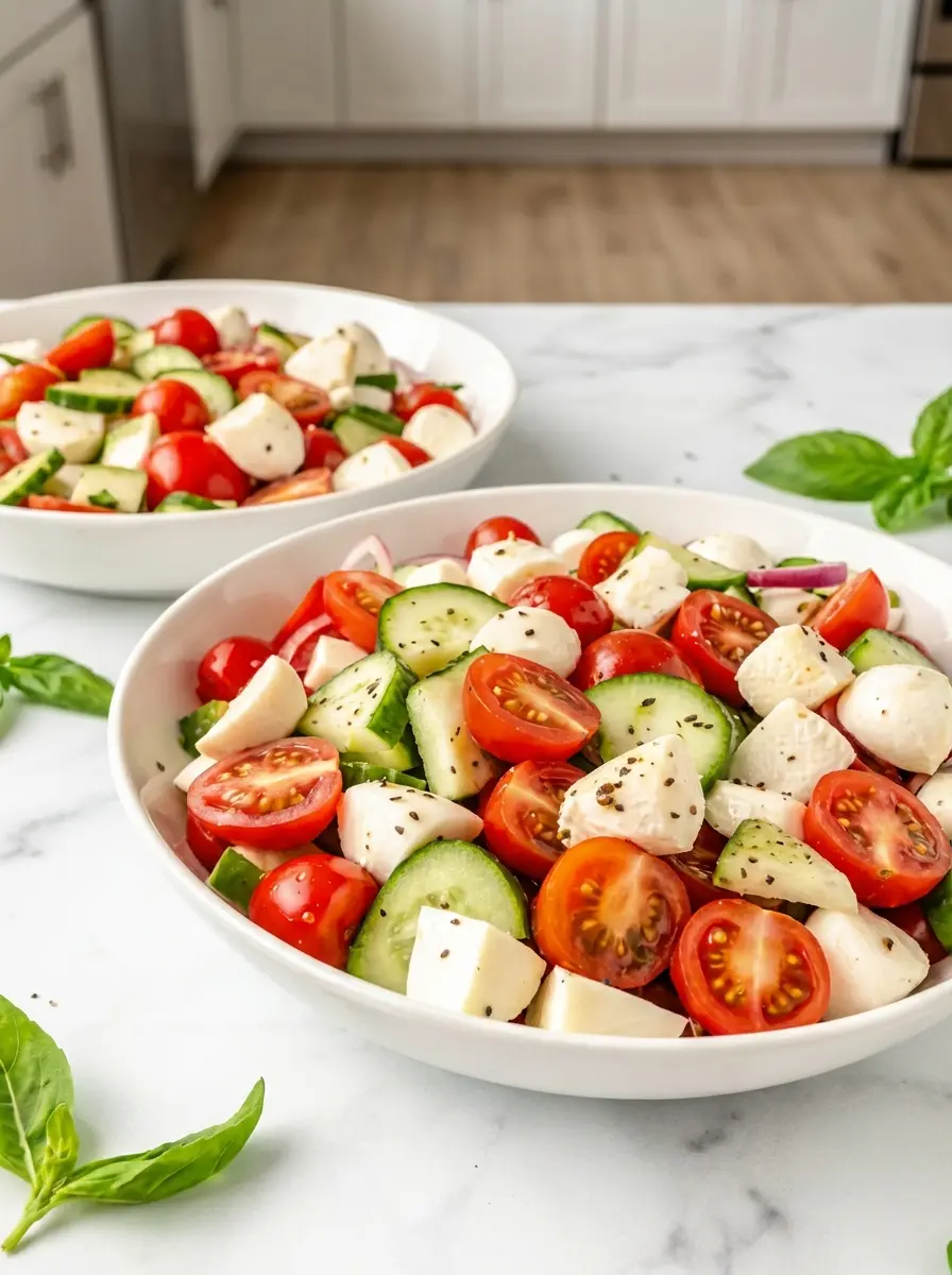 A minimalist white ceramic bowl on a white marble countertop, containing Fresh Cucumber Caprese Salad. The image captures the moment of gentle tossing, with a wooden spoon or server barely visible, ensuring the halved cherry tomatoes, sliced cucumbers, and mozzarella are evenly coated in a light drizzle of olive oil. Fresh basil leaves are visible in the background, with soft natural light and warm tones. 3:4 ratio.