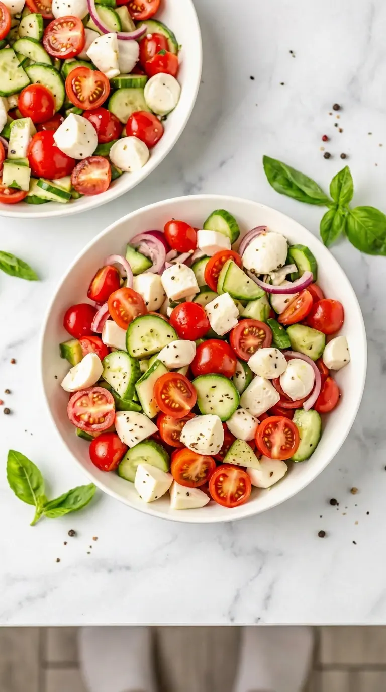 A close-up, inviting shot of a serving of Fresh Cucumber Caprese Salad in a minimalist white ceramic bowl on a marble countertop. The focus is on the textures: the juicy interior of a halved cherry tomato, the crisp edge of a cucumber slice, and the smooth, creamy surface of a mozzarella cube, all dusted with a hint of pepper and fresh herbs. The presentation is clean and tidy, with natural morning light highlighting the freshness. 3:4 ratio.