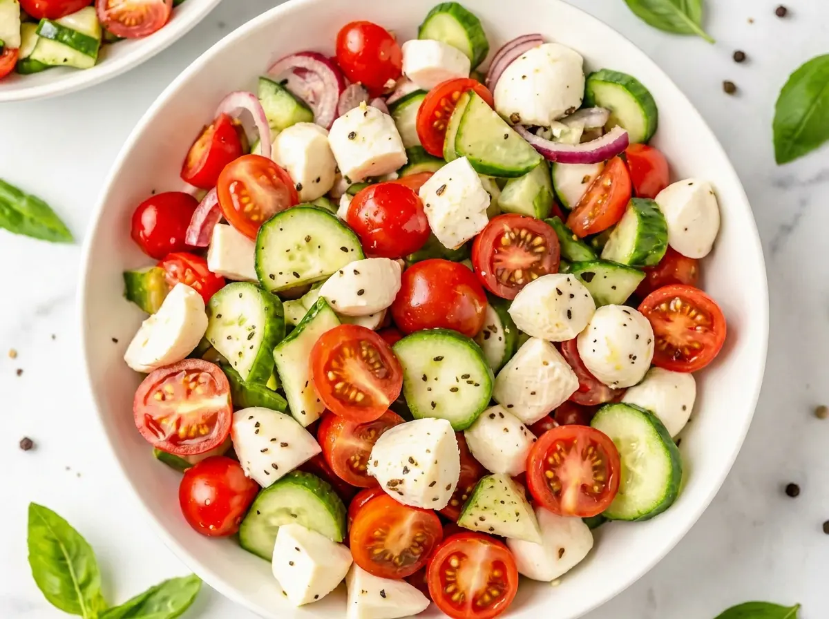 A beautifully composed Fresh Cucumber Caprese Salad in a minimalist white ceramic bowl, filled with vibrant halved cherry tomatoes, crisp half-moon cucumber slices, creamy fresh mozzarella balls (some cubed, some pearl-sized), and thinly sliced red onion. The salad is lightly speckled with dried herbs and pepper, with fresh basil leaves scattered around the bowl on a pristine white marble countertop. Soft natural morning light streams in from an east window, creating gentle shadows. The background includes a subtle wooden accent and a hint of another blurred white bowl. Clean, tidy presentation with warm tones. 4:3 ratio.