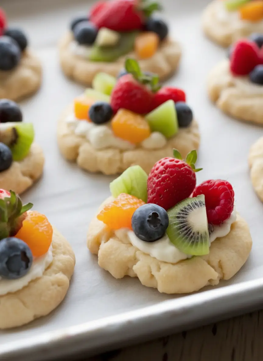 A collection of fresh, colorful ingredients for Fruit Pizza Cookies on a wooden cutting board: a bowl of vibrant blueberries and raspberries, a sliced kiwi, fresh strawberries, and drained mandarin orange segments, alongside a roll of sugar cookie dough. The setting is on a marble countertop with natural morning light, subtle wood accents, and fresh herbs visible in the background in a white ceramic bowl.