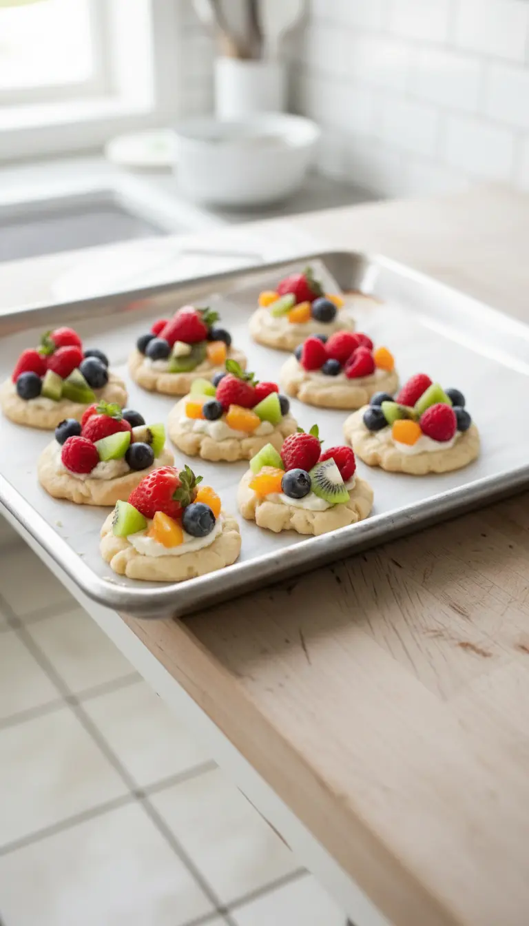 An inviting arrangement of several finished Fruit Pizza Cookies on a sleek wooden serving board, highlighting the textures of the soft sugar cookie, smooth white frosting, and the glistening fresh fruit toppings (blueberries, raspberries, kiwi, strawberries, mandarin oranges). The setup is on a marble countertop, bathed in natural morning light from an east window, with a focus on clean presentation, soft shadows, and warm tones.