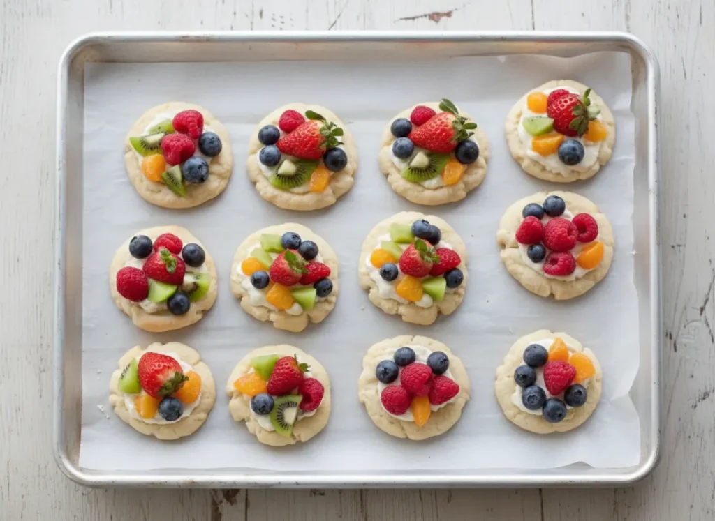 A hero shot of several vibrant Fruit Pizza Cookies arranged artfully on a minimalist white ceramic platter, showcasing their soft sugar cookie base, creamy white frosting, and colorful toppings of fresh blueberries, raspberries, diced kiwi, sliced strawberries, and mandarin orange segments. The scene is bathed in natural morning light from an east window, casting soft shadows on marble countertops with subtle wood accents in the background. Fresh herbs are visible in a small ceramic bowl.