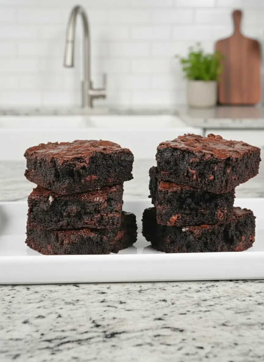 Overhead shot of all ingredients for Fudgy Sourdough Brownies neatly laid out on a wooden cutting board on a marble countertop. Key ingredients like unsalted butter, cocoa powder, sugar, and a small glass bowl of unfed sourdough discard are prominent. Natural morning light, soft shadows, warm tones, clean and tidy. 3:4 ratio. NO HANDS OR PEOPLE.