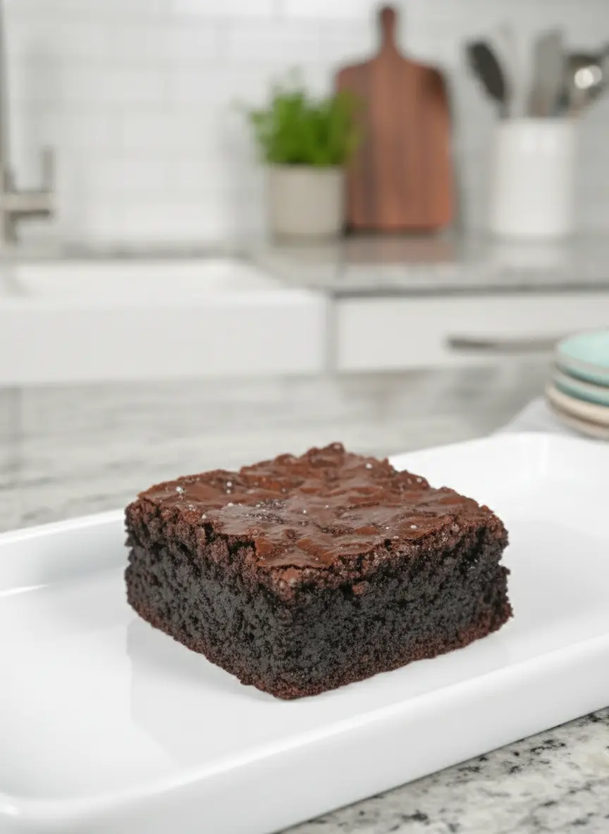 Close-up shot of the brownie batter in a minimalist white ceramic bowl, just after the dry ingredients have been folded in, showing the thick, glossy, dark chocolate batter with some chocolate chips visible. A wooden spatula rests in the bowl. Set on a marble countertop with soft natural morning light and subtle wood accents in the blurred background. 3:4 ratio. NO HANDS OR PEOPLE.