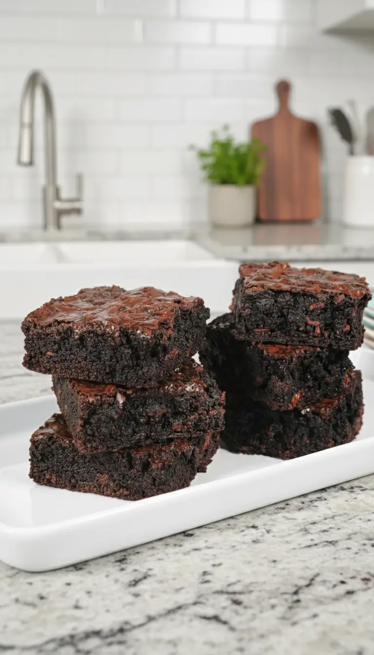 Vertical close-up shot of a single Fudgy Sourdough Brownie square, pulled slightly away from a stack of similar brownies on a minimalist white plate. The focus is on the dense, moist, dark interior and the slightly shiny, crackled top. Shot with natural morning light on a marble countertop, warm tones, clean and tidy. 3:4 ratio. NO HANDS OR PEOPLE.