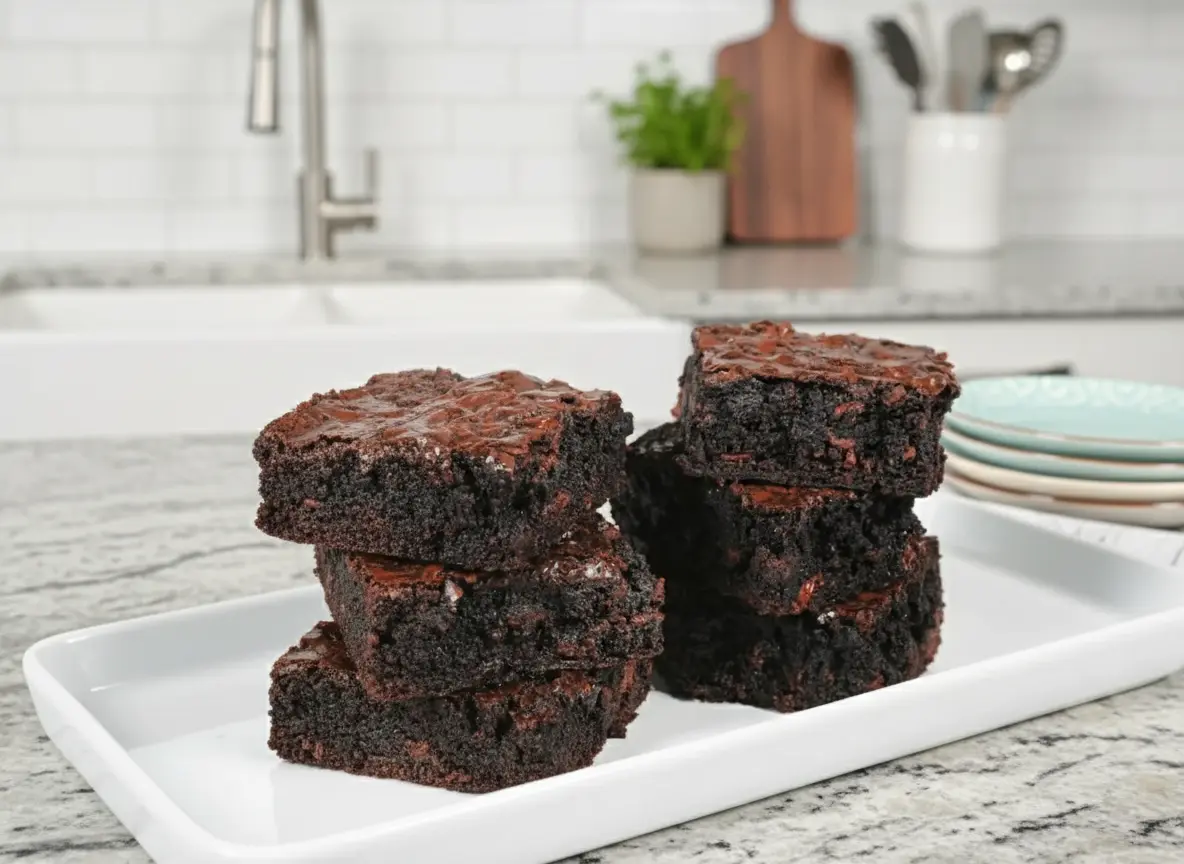 Hero shot, eye-level, of a stack of very dark, rich, fudgy sourdough brownies on a minimalist white rectangular plate. The brownies have a slightly cracked, glossy top with visible melted chocolate chips. The interior of the cut brownies should show a dense, moist, dark brown texture. Shot with natural morning light from an east window, soft shadows. Marble countertop background with a subtle, blurred wood accent. Warm tones, clean and tidy. 4:3 ratio. NO HANDS OR PEOPLE.