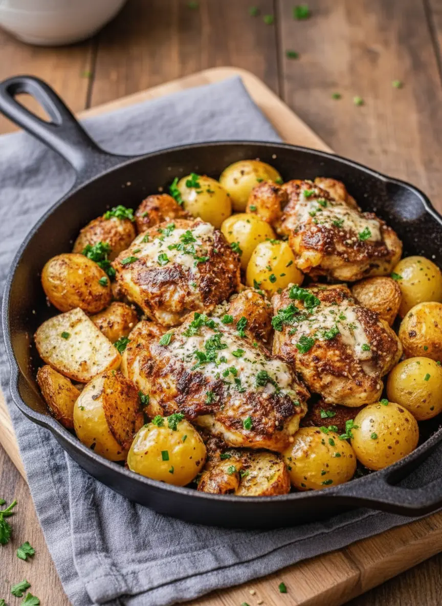 45-degree angle shot of chicken thighs searing in a black cast iron skillet. The skin is turning golden brown and sizzling. The background is blurred but shows the kitchen environment with white ceramic bowls. No hands or people.