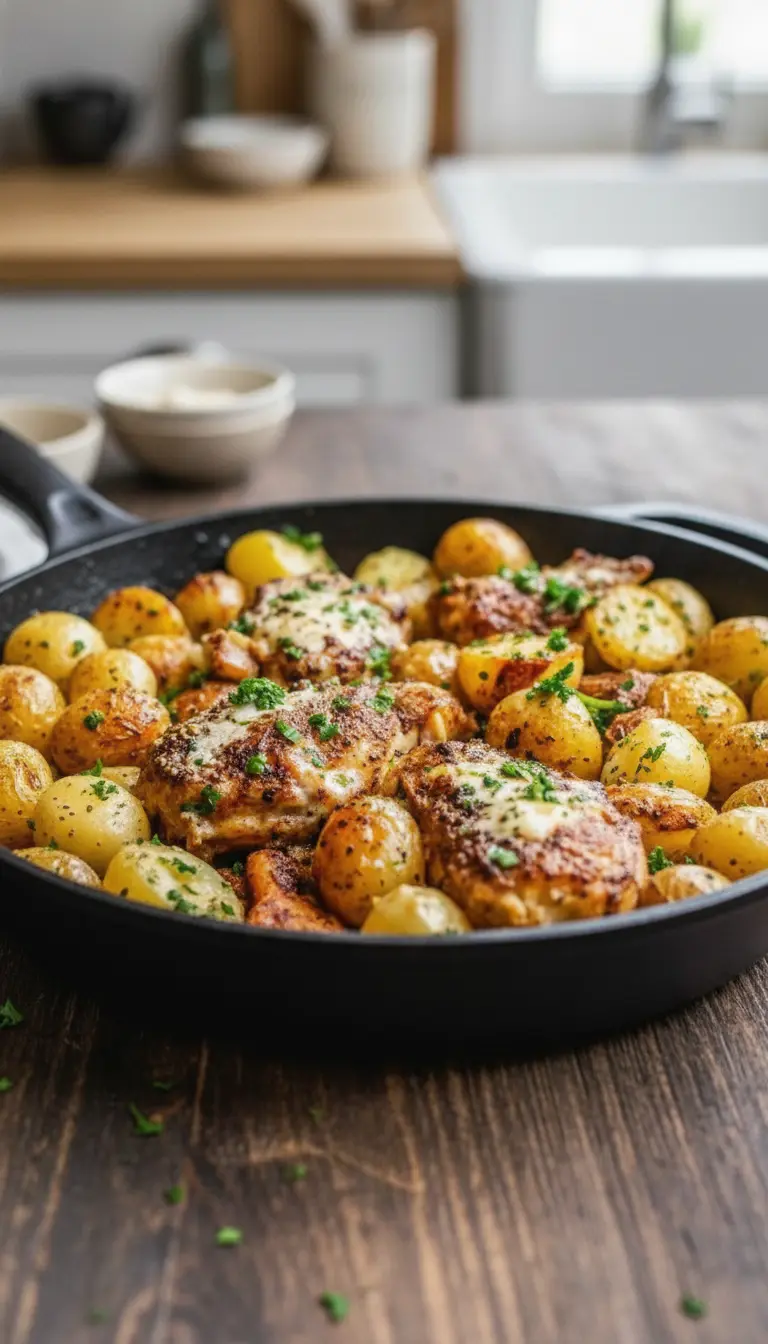 Close-up macro shot of a single roasted chicken thigh and three potato halves served on a minimalist white ceramic plate. The texture of the crispy skin and the fluffy interior of the cut potato are visible. Fresh parsley garnish on top. Warm lighting. No hands.