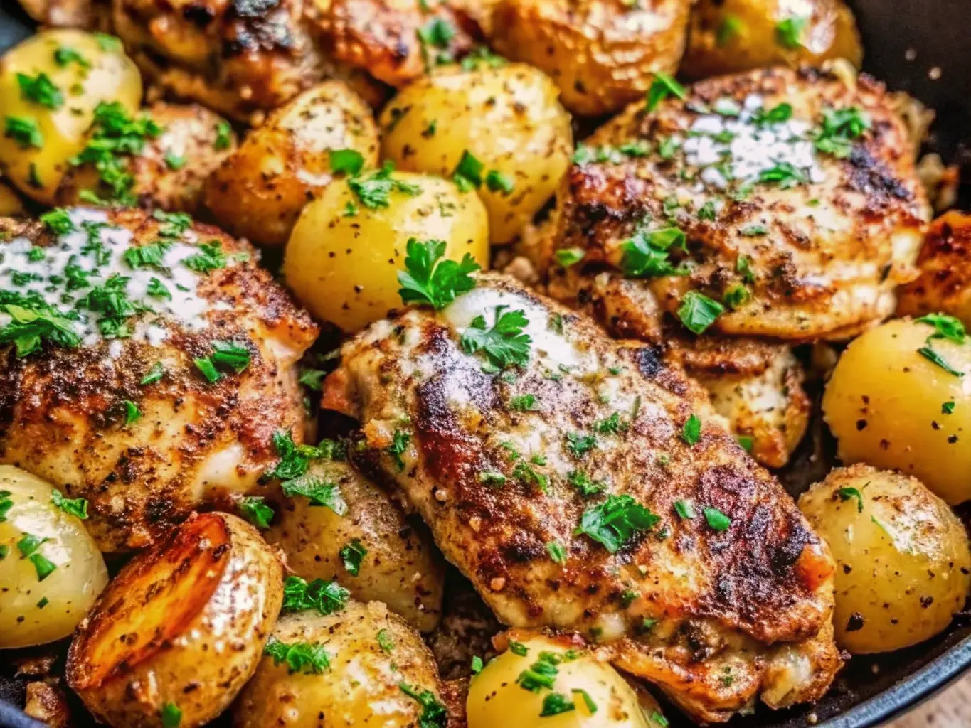 A high-angle, straight-down hero shot of a cast iron skillet sitting on a marble countertop with wood accents. The skillet contains golden-brown roasted chicken thighs with crispy skin and yellow baby potatoes. The food is speckled with grated parmesan, minced garlic, and fresh green parsley. Soft natural morning light streams from the left, creating gentle shadows. A wooden cutting board is partially visible in the background. No hands or people.