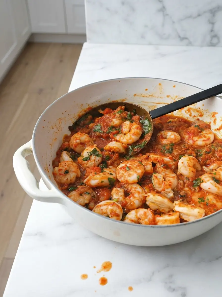 A close-up of a white enameled skillet with a black handle on a gas stove (off, or very low flame to simulate simmering). Inside, the rich red tomato sauce is gently simmering, with a black-handled spoon stirring. Visible chunks of tomato and flecks of fresh green herbs are in the sauce. The background features a hint of marble countertop and soft morning light. Clean and tidy presentation. (3:4 ratio)