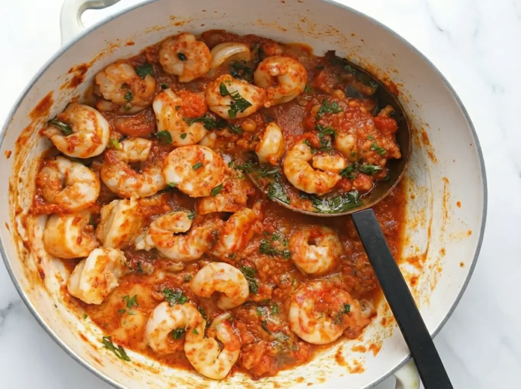 Top-down view of Garlic Shrimp in Tomato Sauce simmering in a white enameled skillet with a black handle, filled with vibrant red crushed tomato sauce, succulent pink-orange shrimp, and sprinkled with fresh green herbs. A small portion of the dish is served on a minimalist white plate beside the pan, on a clean white marble countertop. Natural morning light from an east window casts soft shadows. Fresh herbs are visible in the background, out of focus. Clean and tidy presentation, warm tones. (4:3 ratio)