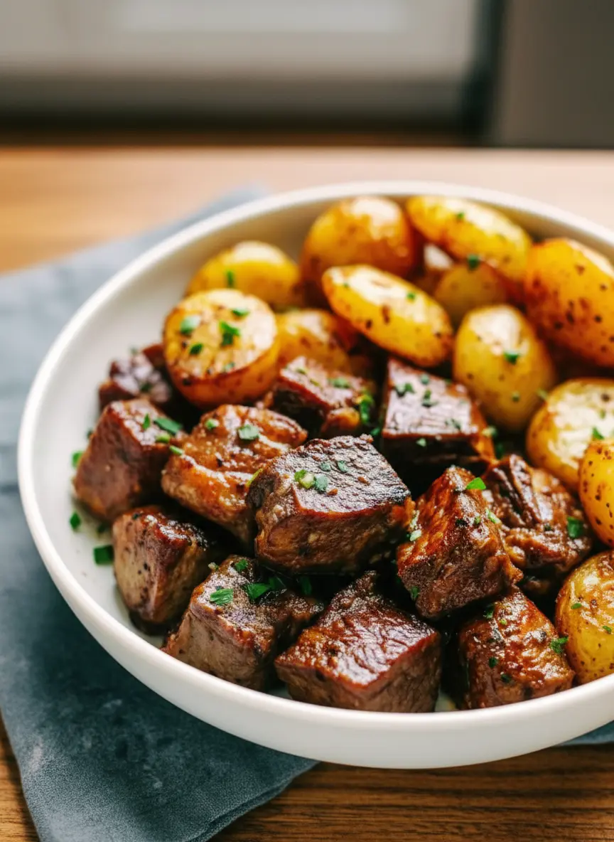 A dynamic shot (3:4) showing steak bites searing in a hot skillet on a stove, with a beautiful crust forming, alongside a baking sheet of golden-brown roasted baby potatoes in the background. The scene is set on a marble countertop with natural light, showing the cooking process with warmth and authenticity. No hands or people are visible.
