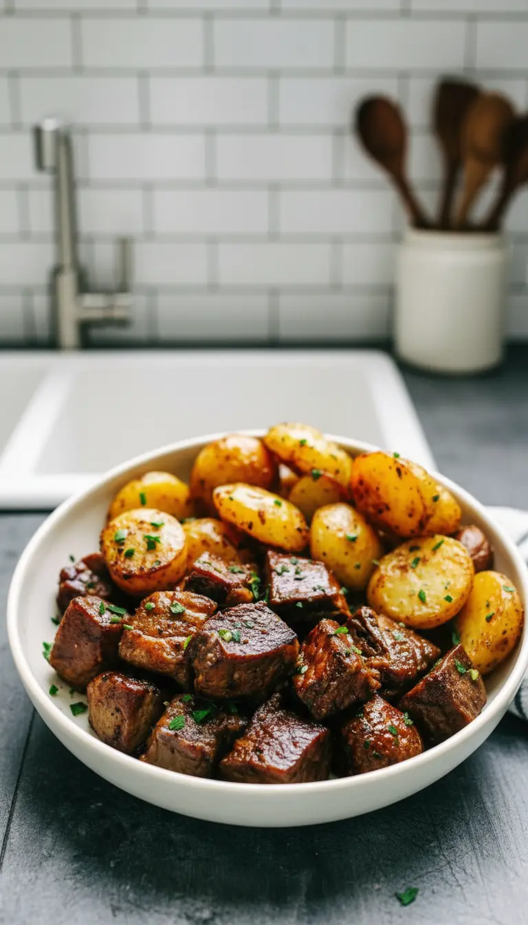 An inviting close-up (3:4) of the finished Garlic Steak Bites and Potatoes, highlighting the tender, juicy texture of the steak and the crispy, golden exterior of the potatoes, all coated in a glossy garlic butter sauce and sprinkled with fresh parsley. The dish is presented in a minimalist white ceramic bowl on a dark grey marble countertop, under soft, warm natural light.