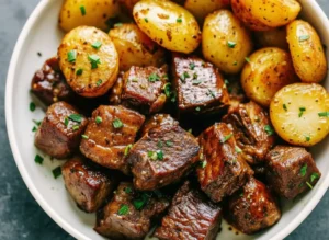 A hero shot (4:3) of golden-brown roasted baby potatoes and glistening, dark brown seared steak bites, generously garnished with finely chopped fresh parsley. The food is arranged artfully in a minimalist white ceramic bowl with a light beige rim, set against a dark grey marble countertop. Natural morning light streams in from an east window, casting soft shadows. A wooden accent is visible in the background, with fresh herbs in a small jar, creating a warm and clean aesthetic.