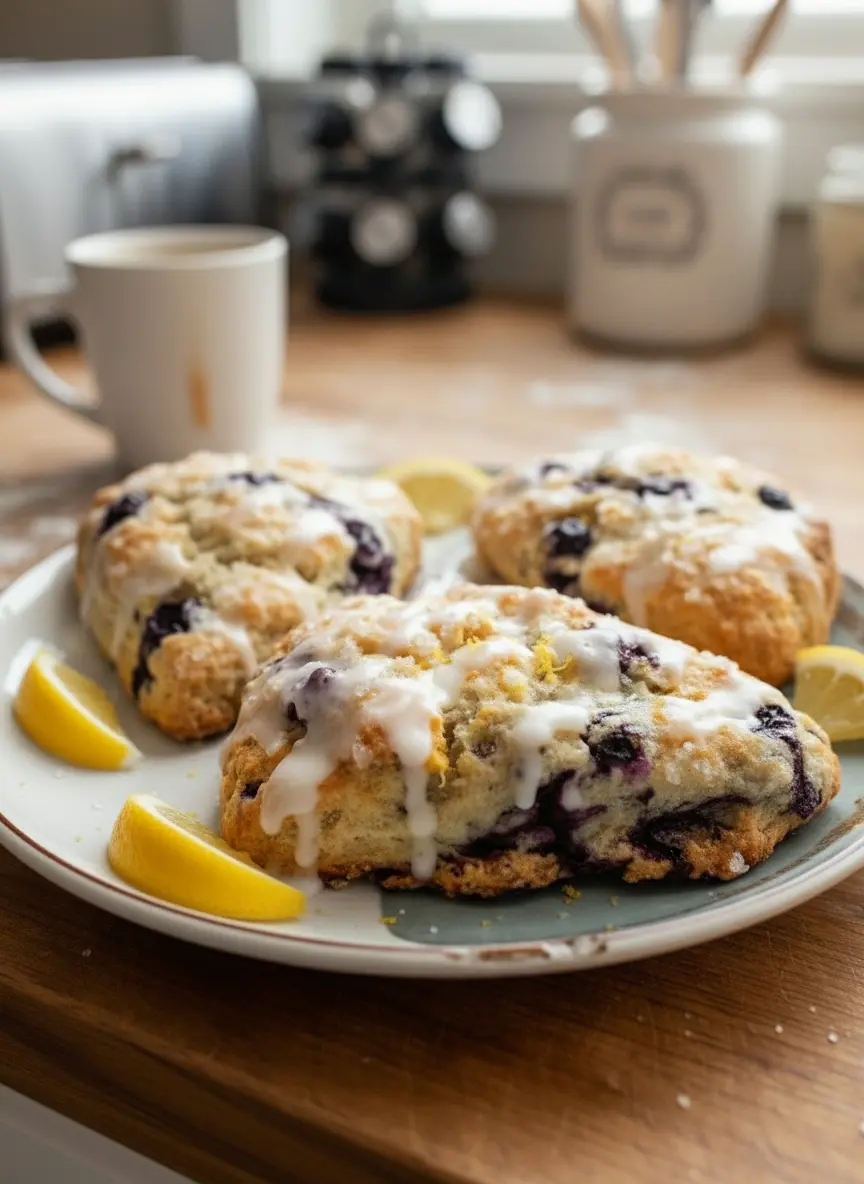 A close-up, slightly elevated shot of a minimalist white ceramic bowl filled with fresh, vibrant blueberries and bright yellow lemon zest, beside a small pile of dry scone ingredients (flour, sugar, baking powder) on a wooden cutting board. Cold, cubed butter is neatly arranged nearby. Natural morning light creates warm tones on a marble countertop, with soft shadows. Clean and tidy presentation, no hands or people. (3:4 aspect ratio)
