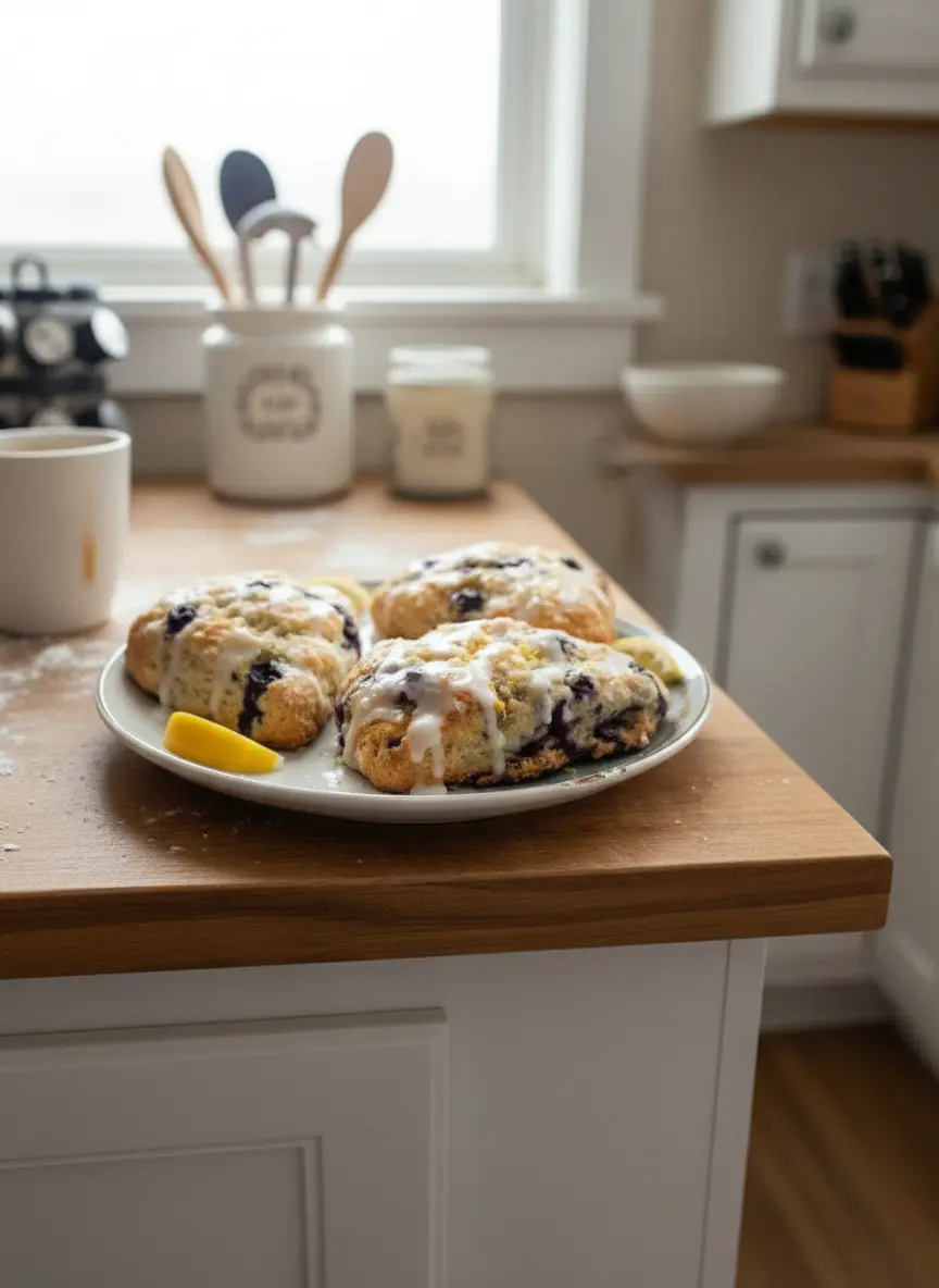 Golden-brown, triangular Glazed Lemon Blueberry Scones are arranged on white parchment paper on a baking sheet, fresh out of the oven. A delicate stream of thick, white lemon glaze is being drizzled over the warm scones. The background shows a subtle, soft-focus hint of a clean kitchen area with marble and wood accents. Natural morning light, warm tones, soft shadows. Clean and tidy presentation, no hands or people. (3:4 aspect ratio)