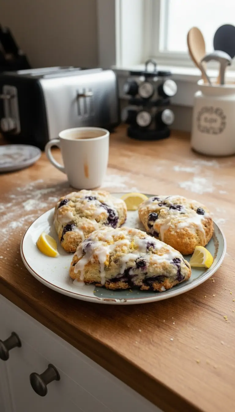 A single Glazed Lemon Blueberry Scone, golden-brown and triangular, broken open slightly on a minimalist white plate, revealing its flaky, tender interior with visible, plump blueberries. A generous white lemon glaze and coarse sugar adorn the top, with a small lemon wedge next to it. The plate rests on a marble countertop, with a soft wood accent and a hint of fresh green herb in the background. Natural morning light, soft shadows, warm tones. Clean and tidy presentation, no hands or people. (3:4 aspect ratio)