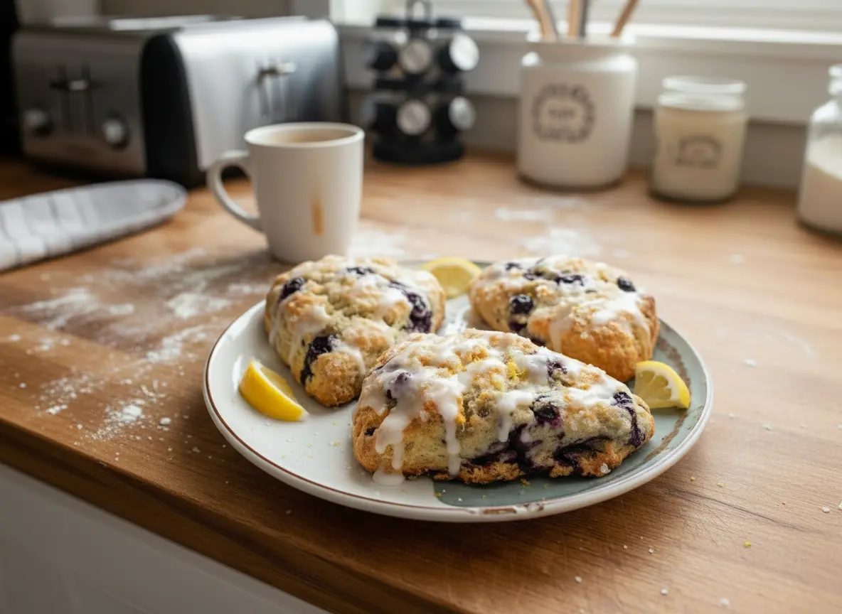 A warm, inviting overhead shot of several golden-brown, triangular Glazed Lemon Blueberry Scones on white parchment paper, glistening with a generous white lemon glaze, scattered lemon zest, and coarse sugar. Plump, deep blue blueberries are visible within the scones. A few small, thin lemon wedges are artfully placed for garnish. The scene is bathed in natural morning light, casting soft shadows on a clean marble countertop with a subtle hint of wood accent in the background. Clean and tidy presentation, no hands or people. (4:3 aspect ratio)