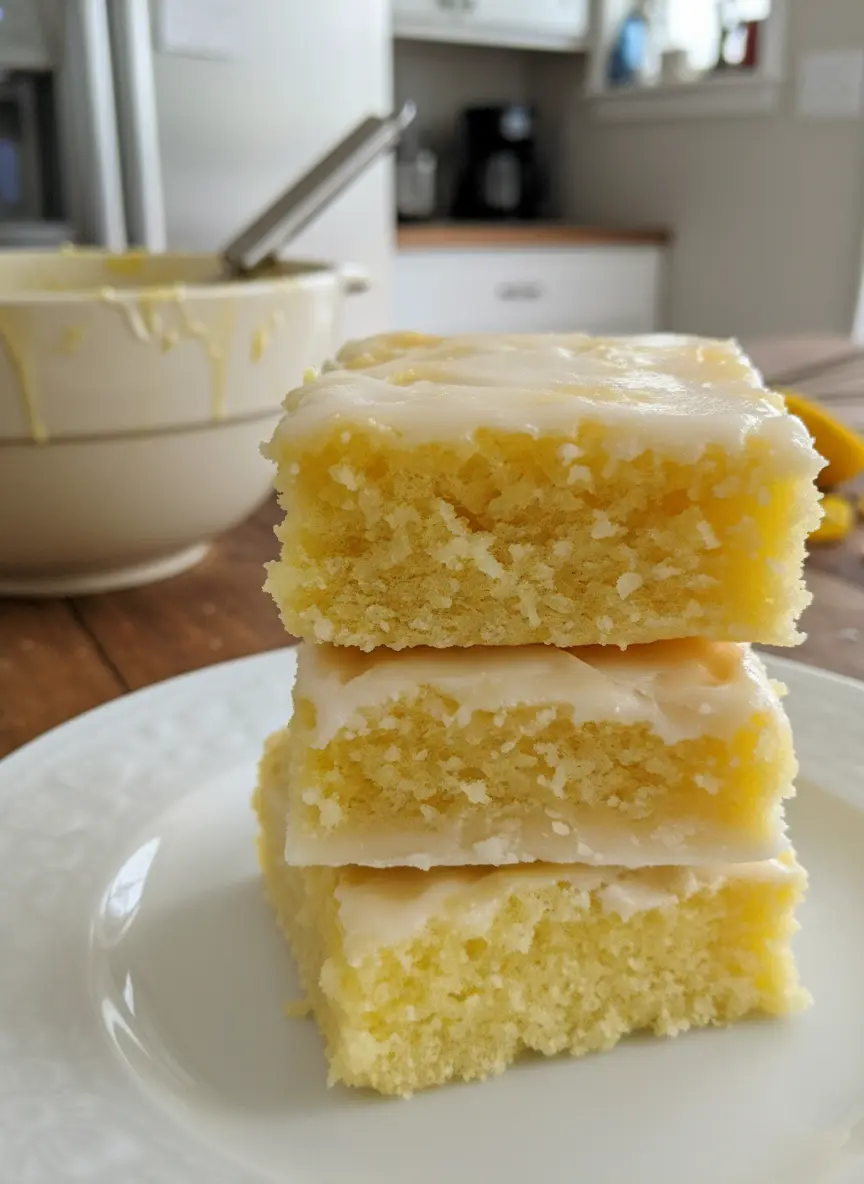 Ingredients for light yellow lemon brownies laid out on a wooden cutting board: whole lemons, sticks of butter, granulated sugar in a white ceramic bowl, flour in another white ceramic bowl, eggs, baking powder, and salt. Natural morning light, marble countertop, fresh herbs visible in the background, soft shadows, warm tones, clean and tidy presentation, no hands or people. (3:4 ratio)