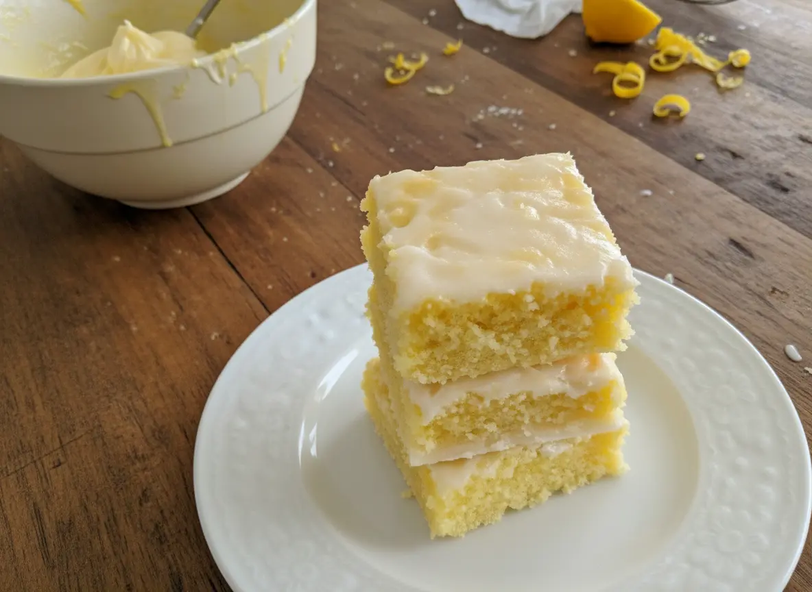 A stack of three light yellow lemon brownies with a white glaze, on a green ceramic plate, resting on a white linen napkin. The scene is set on a warm-toned wooden countertop in a bright kitchen with natural morning light coming from an east window, a silver stand mixer subtly blurred in the background, fresh whole lemons in a minimalist white ceramic bowl, and a white subway tile backsplash. Soft shadows, warm tones, clean and tidy presentation, no hands or people. (4:3 ratio)