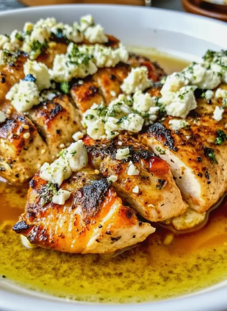 Greek Chicken with Lemon and Feta Ingredients spread on a marble countertop: raw chicken breasts on a wooden cutting board, a block of white feta cheese, whole lemons with bright yellow skin, a bowl of olive oil, and bunches of fresh green dill and parsley. Natural lighting, clean composition. No hands.