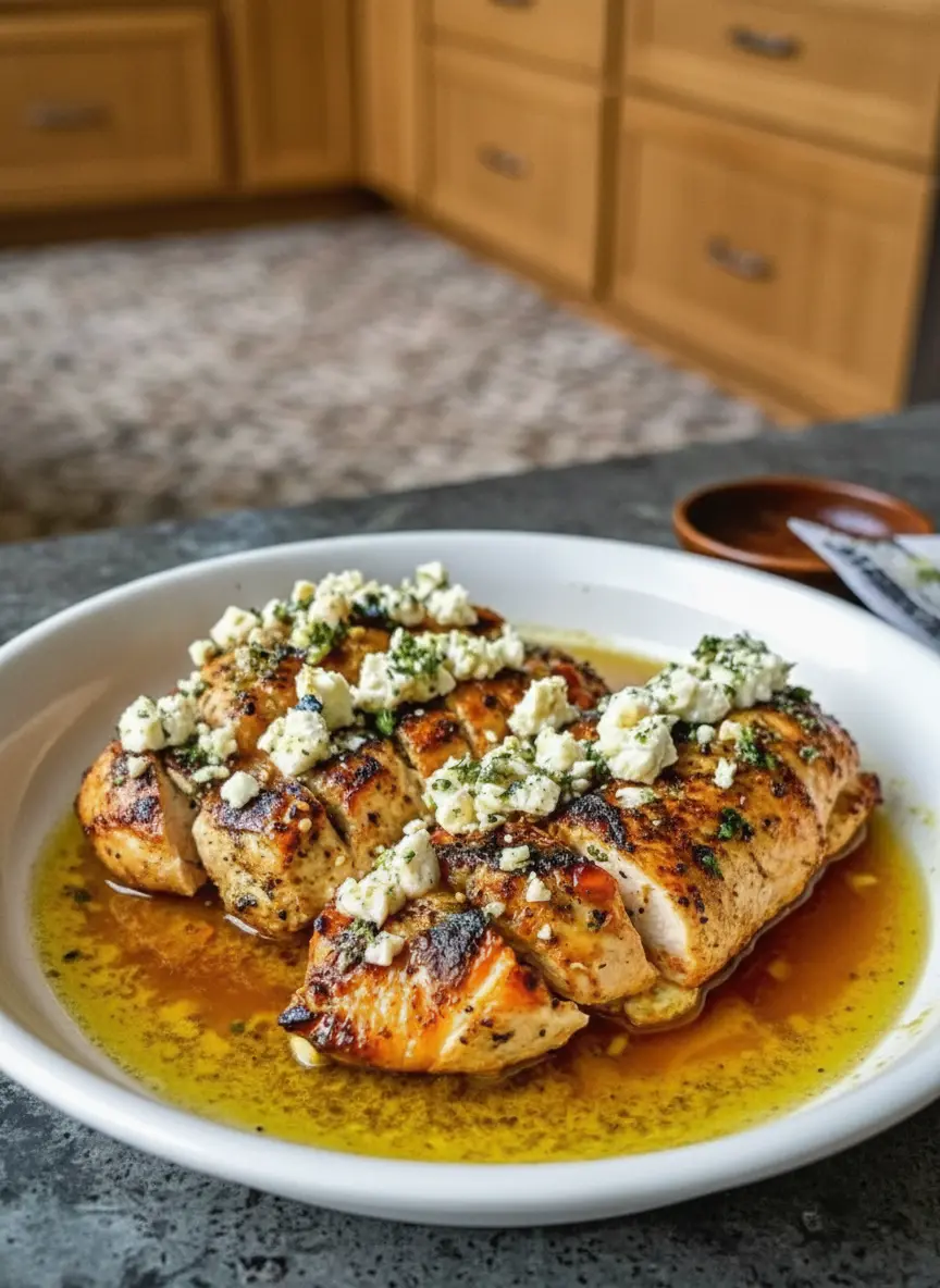 A cast-iron skillet sitting on a wooden trivet on a marble counter. Inside the skillet, chicken breasts are searing to a deep golden brown color. Steam rising gently. A jar of wooden utensils is visible in the soft-focus background. Warm, home-kitchen atmosphere. No hands.
