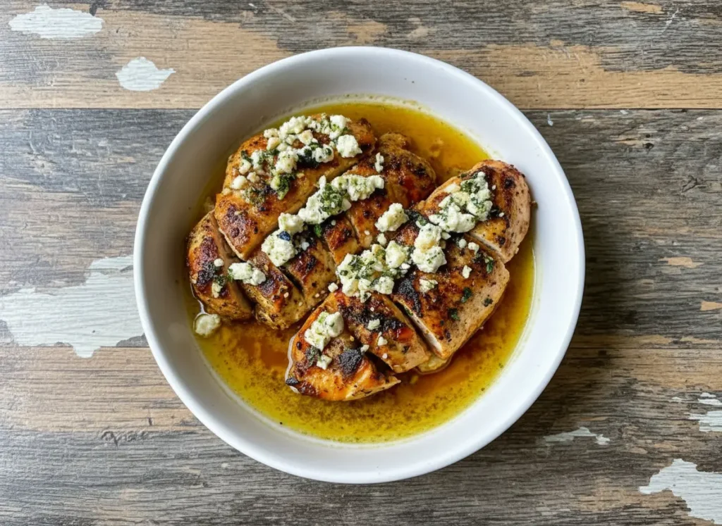 A high-angle, close-up hero shot of golden-brown pan-seared chicken breasts sitting in a pool of golden lemon-olive oil sauce. The chicken is generously topped with chunky white crumbled feta cheese and vibrant green chopped fresh dill and parsley. The food is plated on a minimalist white ceramic platter sitting on a marble countertop with warm wood accents. Soft, natural morning light from the east creates gentle shadows. No hands or people.