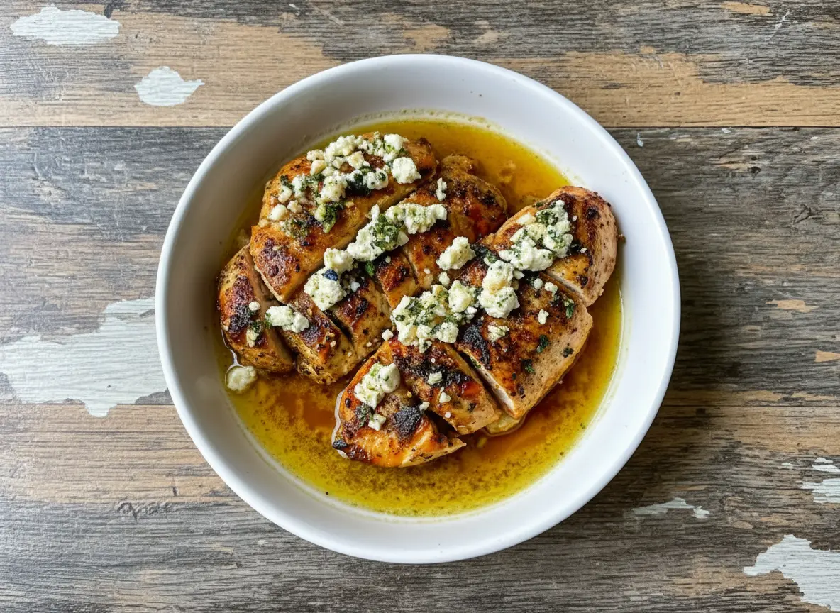 A high-angle, close-up hero shot of golden-brown pan-seared chicken breasts sitting in a pool of golden lemon-olive oil sauce. The chicken is generously topped with chunky white crumbled feta cheese and vibrant green chopped fresh dill and parsley. The food is plated on a minimalist white ceramic platter sitting on a marble countertop with warm wood accents. Soft, natural morning light from the east creates gentle shadows. No hands or people.