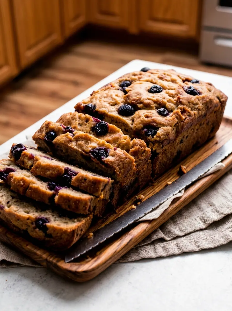 A close-up shot of the batter for Greek Yogurt Apple Blueberry Bread being gently folded in a ceramic bowl on a marble countertop, with vibrant blueberries and apple pieces just incorporated into the thick, creamy batter. Focus on the texture and colors of the mixed ingredients. Natural morning light, soft shadows, warm tones. No hands or people. (3:4 ratio)