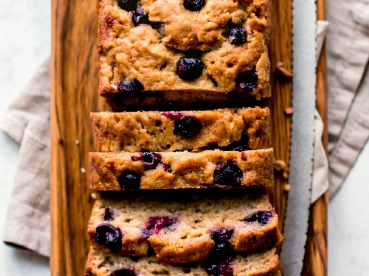 A beautifully baked, golden-brown loaf of Greek Yogurt Apple Blueberry Bread on a wooden cutting board, partially sliced with a few slices stacked on rustic parchment paper. Prominent burst blueberries and subtle apple chunks visible in the moist crumb. Natural morning light from an east window, soft shadows, warm tones, clean and tidy presentation on marble countertops with wood accents. A grey linen napkin subtly visible in the background. No hands or people. (4:3 ratio)