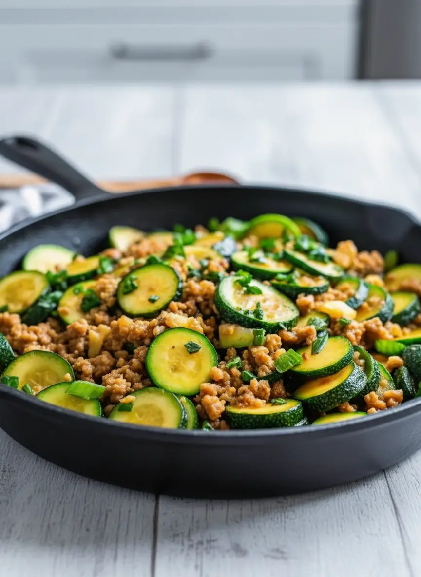 A dark skillet on a stovetop, filled with the Ground Turkey and Zucchini Skillet mixture. The ground turkey is browned and combined with softened onions and garlic, and the zucchini slices are just starting to become tender-crisp, absorbing the savory sauce. Steam is subtly rising. The scene is lit by natural morning light, capturing the warm tones of the cooking process in a clean kitchen setting. (3:4 ratio), no hands or people.