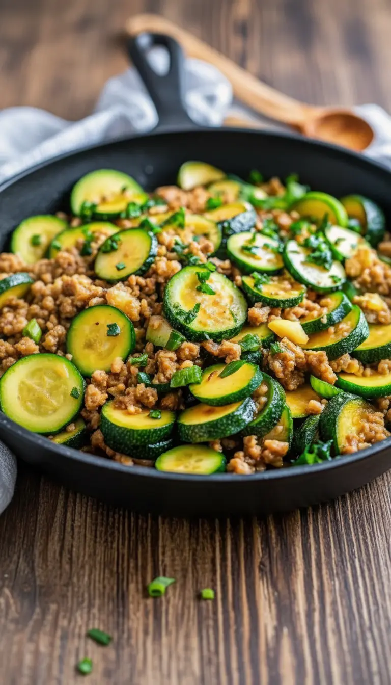A serving of the Ground Turkey and Zucchini Skillet in a minimalist white ceramic bowl, showcasing the rich brown ground turkey and vibrant green zucchini rounds, garnished with freshly chopped green onions. The bowl sits on a marble countertop next to the wooden cutting board, with fresh herbs subtly in the soft-focused background, all under warm natural light and soft shadows. (3:4 ratio), no hands or people.
