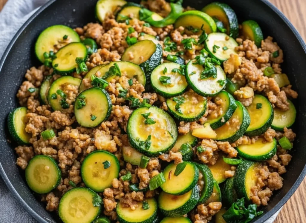 Close-up, top-down view of a Ground Turkey and Zucchini Skillet in a dark, slightly metallic skillet, showcasing perfectly cooked ground turkey, tender-crisp sliced zucchini rounds, and vibrant chopped green onions and herbs as garnish. The skillet is placed on a light marble countertop with a hint of warm wooden accent in the background, bathed in soft natural morning light from an east window, casting gentle shadows. The presentation is clean and tidy with warm tones. (4:3 ratio), no hands or people.