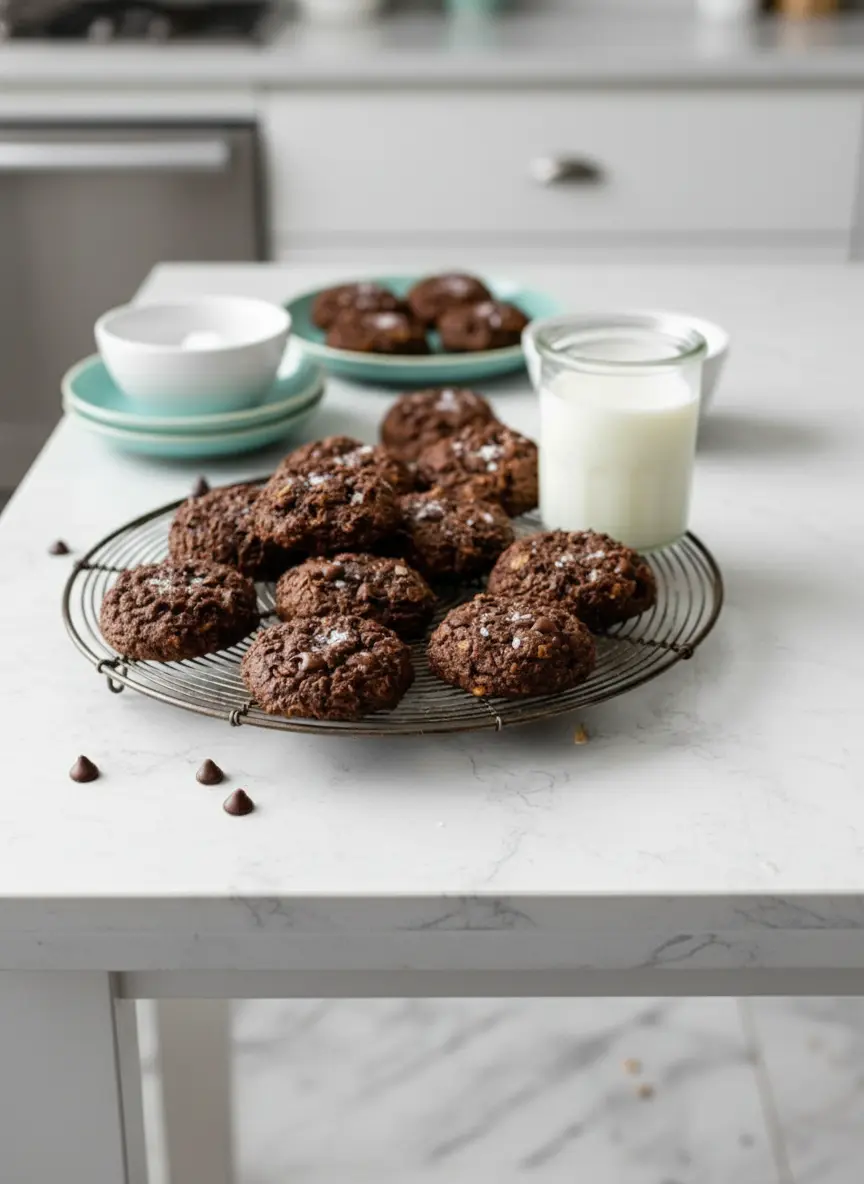A 3:4 ratio close-up shot of raw healthy chocolate cookie dough scooped onto a parchment-lined baking sheet, showing the rustic texture with visible oats and chocolate chips, ready for the oven. Soft, warm natural light illuminates the scene on a marble countertop. No hands or people visible.