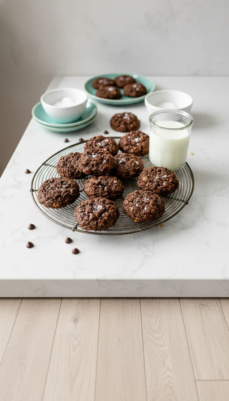 A 3:4 ratio shot focusing on the rich, chewy texture of a broken healthy chocolate cookie, showing the interior with melted chocolate chips and oats, sitting on a minimalist white ceramic plate. Several other similar cookies, sprinkled with sea salt, are artfully arranged around it on a wooden accent, bathed in natural morning light with soft shadows. No hands or people visible.