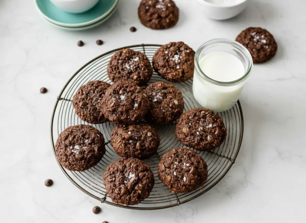 A hero shot (4:3 ratio) of rich, dark brown, rustic healthy chocolate cookies, featuring visible oats, abundant melted chocolate chips, and sparkling flaky sea salt, piled high on a round vintage dark wire cooling rack. In the softly blurred background, a clear glass of milk is visible, all set against a clean marble countertop with subtle wood accents and natural morning light casting soft, warm shadows. No hands or people visible.