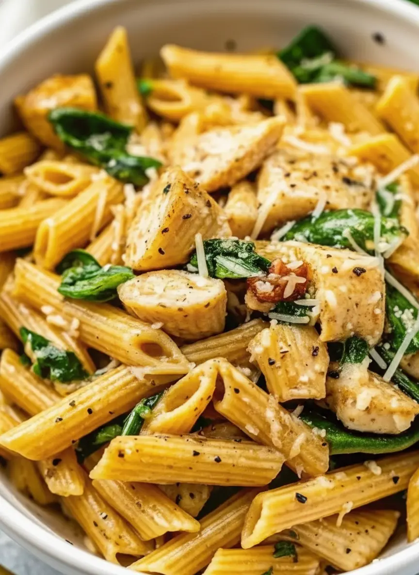 An organized flat lay of all raw ingredients for Healthy Garlic Parmesan Chicken Pasta: uncooked penne pasta, raw cubed chicken breast, fresh vibrant spinach leaves, whole garlic cloves, a block of parmesan cheese, a small bowl of milk, and butter. All are neatly arranged on a rustic wooden cutting board on a bright marble countertop. Natural morning light highlights the fresh textures, with soft shadows and a clean background (3:4 ratio). No hands or people.