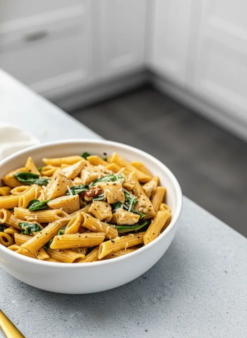 A dynamic shot showing the process of making Healthy Garlic Parmesan Chicken Pasta: Cooked penne pasta, golden-brown chicken chunks, and wilted spinach are being gently tossed together in a large, clean stainless steel skillet, coated in a simmering creamy garlic parmesan sauce. The scene is set on a modern stovetop with a marble backsplash, under warm natural light, emphasizing the steam and the even coating of the sauce (3:4 ratio). No hands or people.