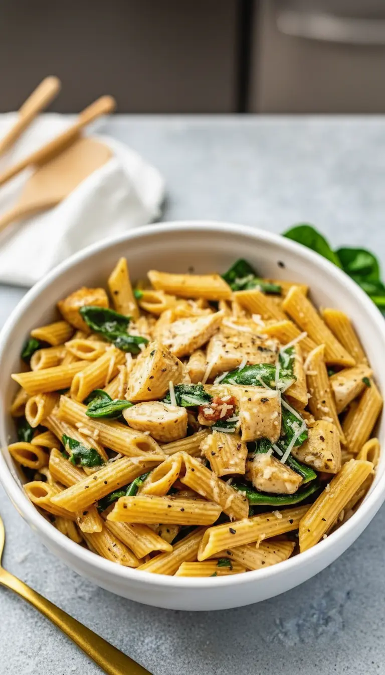 A close-up, appetizing view of Healthy Garlic Parmesan Chicken Pasta in a minimalist white ceramic bowl, highlighting the texture of the al dente penne, the tender, slightly browned chicken, and the bright green spinach. The creamy garlic parmesan sauce perfectly coats everything, with visible specks of black pepper and a light sprinkle of grated parmesan on top. The bowl rests on a clean marble surface, bathed in natural morning light, creating soft, inviting shadows (3:4 ratio). No hands or people.