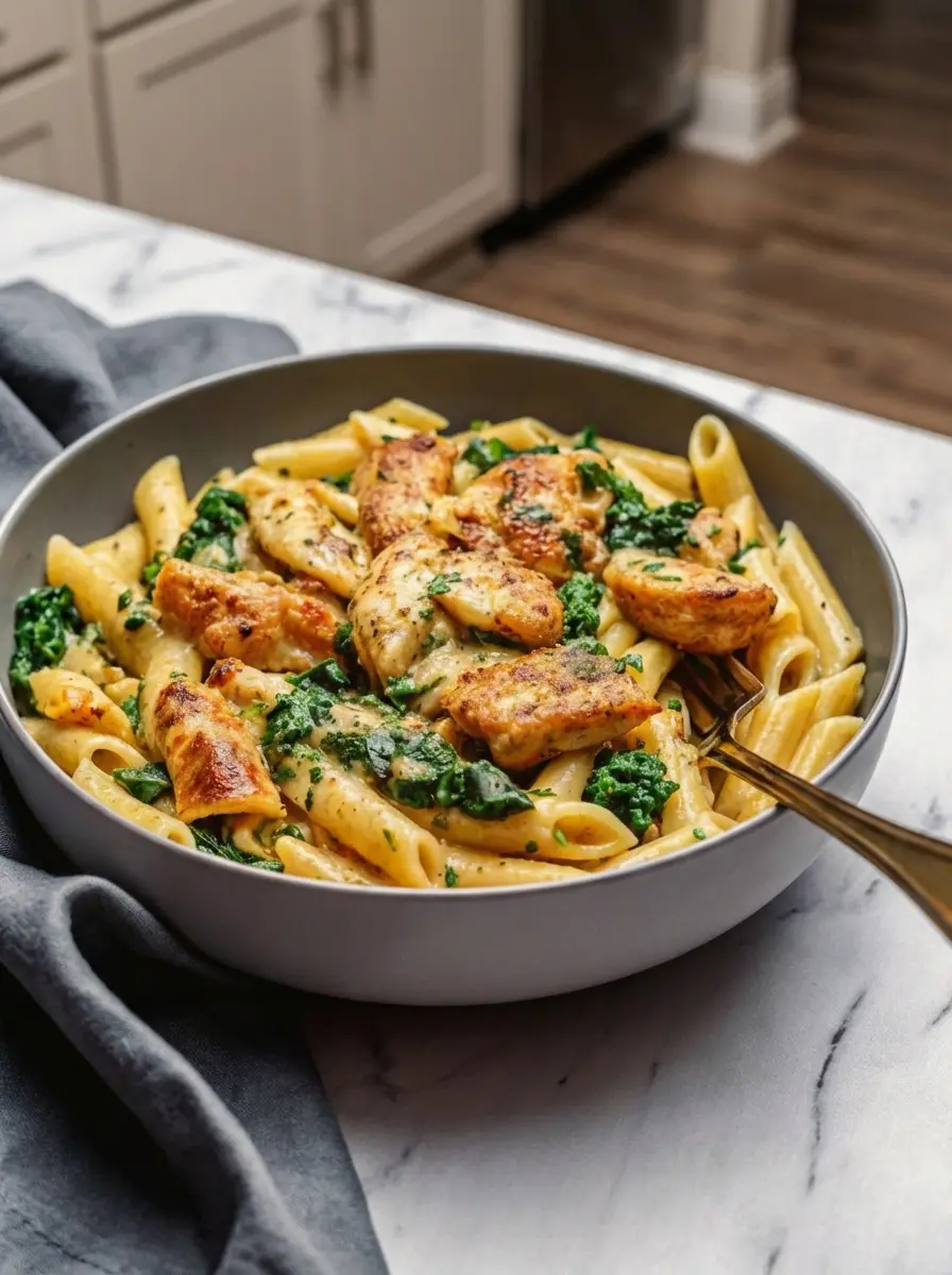 A close-up shot of chicken chunks searing to a golden brown in a cast-iron skillet, alongside minced garlic and fresh spinach just starting to wilt, on a stovetop with a marble countertop visible. A wooden spoon is gently stirring. Natural morning light highlights the textures and warm tones. Clean and tidy. (3:4 ratio)
