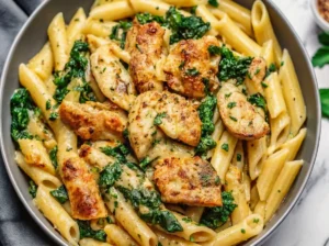 A generous serving of Healthy Garlic Parmesan Chicken Pasta in a minimalist grey ceramic bowl, featuring golden-brown chicken chunks, penne pasta, wilted spinach, and a creamy, light garlic Parmesan sauce, garnished with chopped fresh parsley. The bowl sits on a white marble countertop with subtle wood accents in the background. Natural morning light creates soft shadows and warm tones. A white linen napkin and gold-toned cutlery are subtly placed to the side. A small white bowl of fresh spinach is blurred in the background, embodying a clean and tidy presentation. (4:3 ratio)