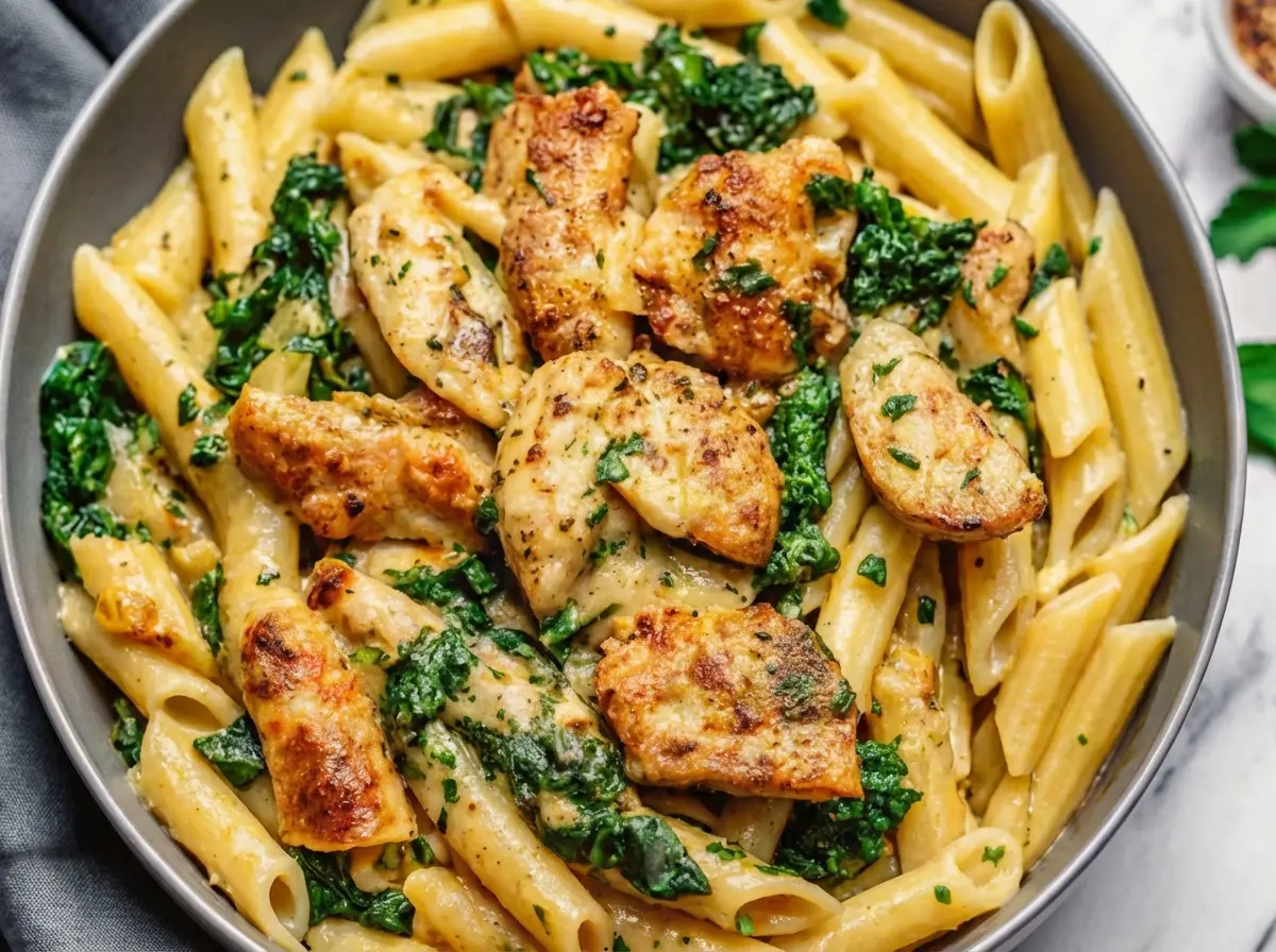 A generous serving of Healthy Garlic Parmesan Chicken Pasta in a minimalist grey ceramic bowl, featuring golden-brown chicken chunks, penne pasta, wilted spinach, and a creamy, light garlic Parmesan sauce, garnished with chopped fresh parsley. The bowl sits on a white marble countertop with subtle wood accents in the background. Natural morning light creates soft shadows and warm tones. A white linen napkin and gold-toned cutlery are subtly placed to the side. A small white bowl of fresh spinach is blurred in the background, embodying a clean and tidy presentation. (4:3 ratio)