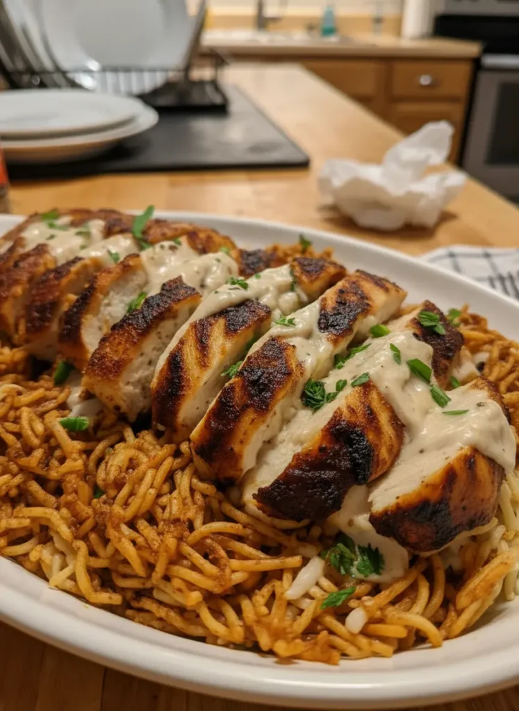 Creamy Cajun Chicken And Rice 3:4 vertical shot of ingredients on a wooden cutting board: raw chicken breasts coated in red cajun spice rub, a glass bowl of white rice mixed with broken spaghetti pieces, and a small ceramic bowl of white greek yogurt. Fresh herbs and a garlic bulb in the background. Marble surface, soft lighting.