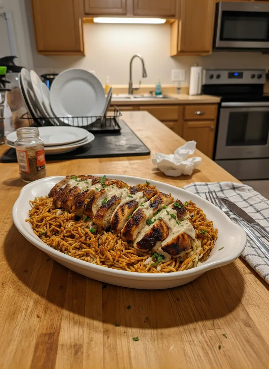 3:4 vertical shot of a stainless steel skillet on a burner. Inside, golden-orange rice and vermicelli are simmering in broth. Next to the skillet, blackened seared chicken breasts are resting on a wooden board, waiting to be sliced. Steam rising gently. Warm kitchen atmosphere.