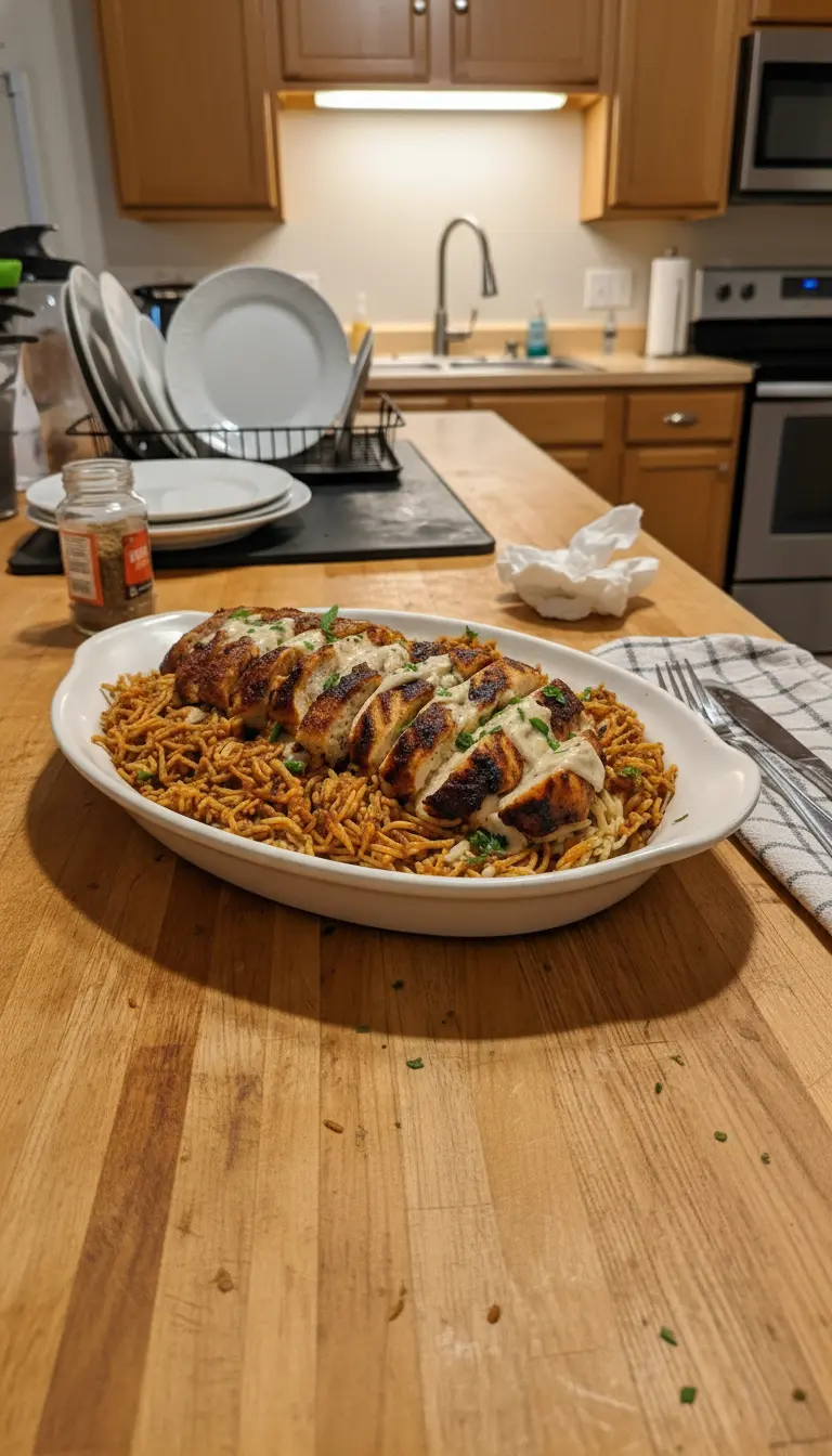 3:4 vertical close-up shot of the final dish. Focus on the texture of the sliced chicken and the way the white creamy sauce drips down onto the spicy rice and noodle mixture. The black char of the chicken contrasts with the white sauce and green parsley. High detail, appetizing texture.