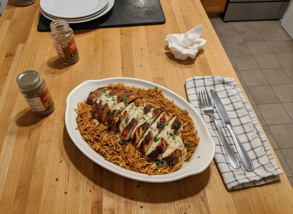 A high-angle 4:3 shot of a rectangular glass baking dish sitting on a marble countertop with wood accents. The dish contains a vibrant mixture of orange-red seasoned rice and short vermicelli noodle pieces. Topped with perfectly grilled, blackened chicken breast slices arranged in a row. A thick, white creamy sauce is artfully drizzled over the chicken. Garnished with scattered chopped green parsley. Natural morning light from the left creates soft shadows. Clean, minimalist aesthetic.