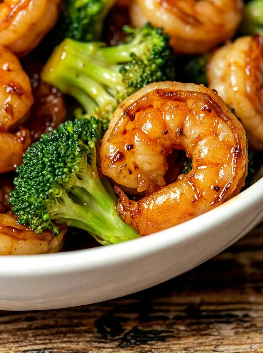 Raw jumbo shrimp and fresh broccoli florets arranged neatly on a well-worn wooden cutting board. A small glass jar of honey and cloves of garlic sit nearby. The scene is lit by natural window light, highlighting the textures of the raw ingredients against the warm wood tones and marble surface.