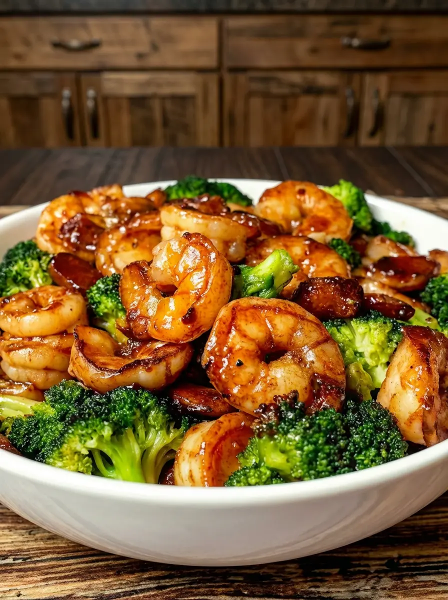 A stainless steel skillet on a stovetop containing searing shrimp. The shrimp are turning pink and golden brown. Steam rises softly from the pan. The background shows a hint of the marble countertop and a clean kitchen environment. No hands or people visible.