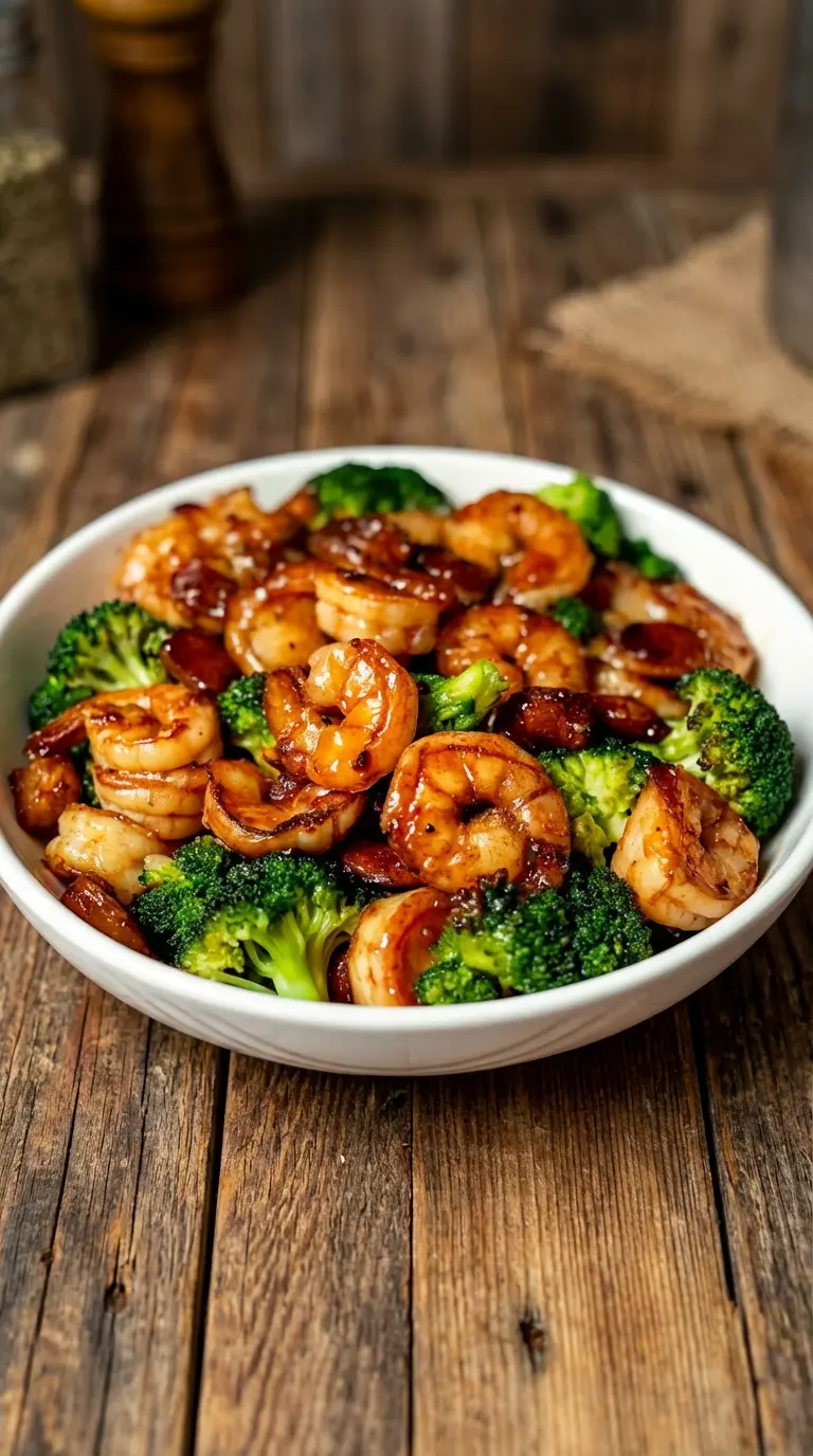 A macro shot of a single shrimp on a fork (fork resting on the plate, no hand holding it). The focus is on the texture of the glaze—sticky, shiny, and speckled with minced garlic and tiny black pepper flecks. The background is a soft blur of the white ceramic plate and green broccoli.
