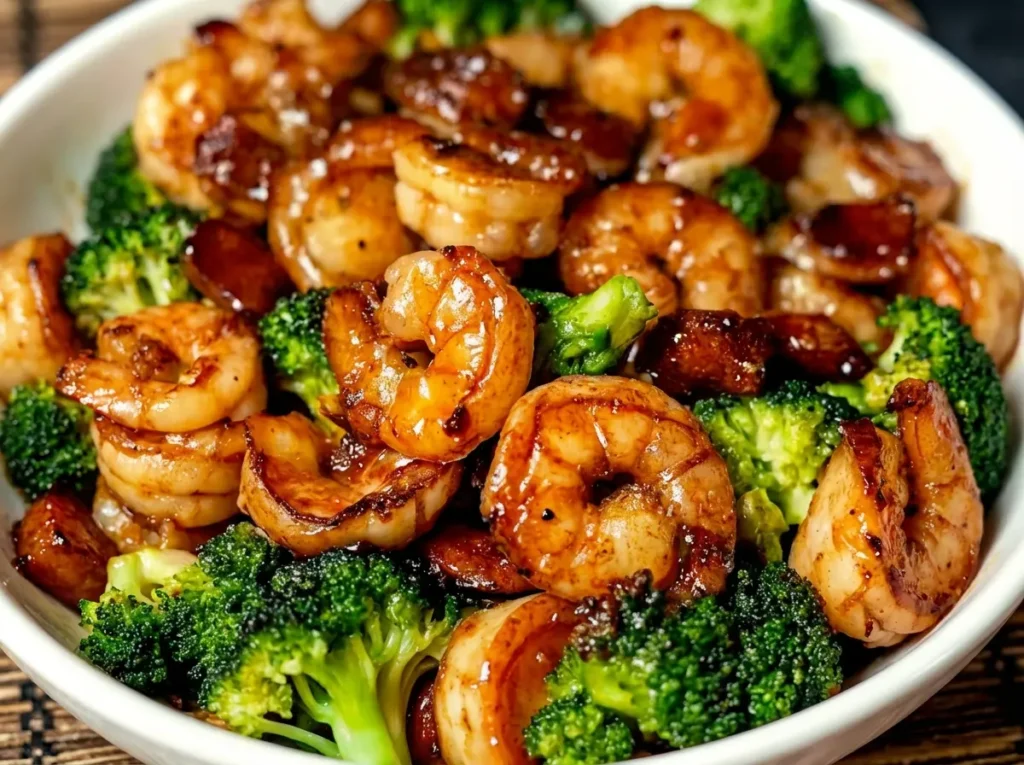 A high-angle, close-up shot of High-Protein Honey Garlic Shrimp in a minimalist white ceramic bowl. The shrimp are golden-brown with a glossy, sticky dark amber glaze, intermixed with bright green broccoli florets. The bowl sits on a white marble countertop with soft morning light streaming from the right, casting gentle shadows. In the background, out of focus, is a wooden cutting board and a small pot of fresh herbs.